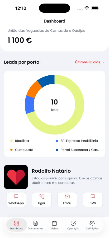 Main screen of the Rodolfo Natário app — tracking your property sale