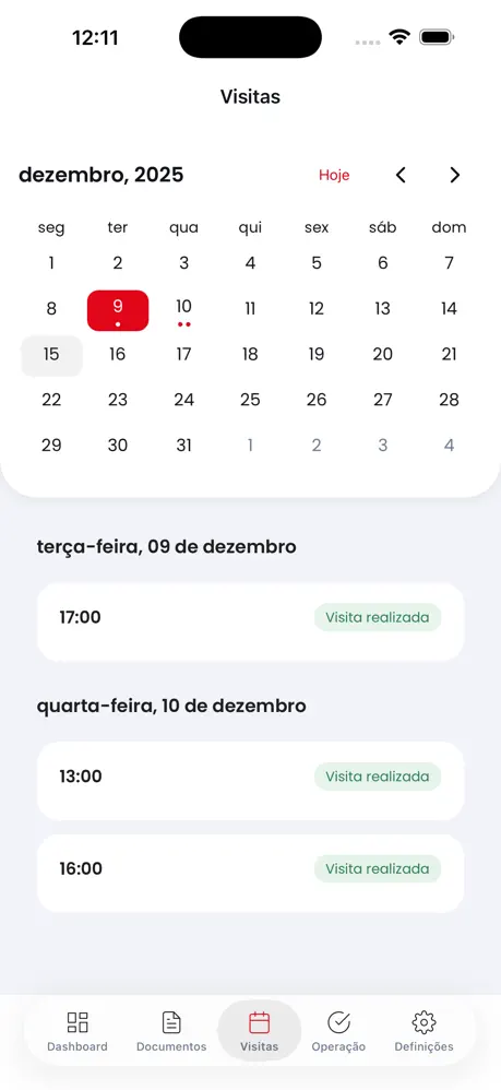 Ecrã de visitas da app Rodolfo Natário — calendário de visitas ao imóvel